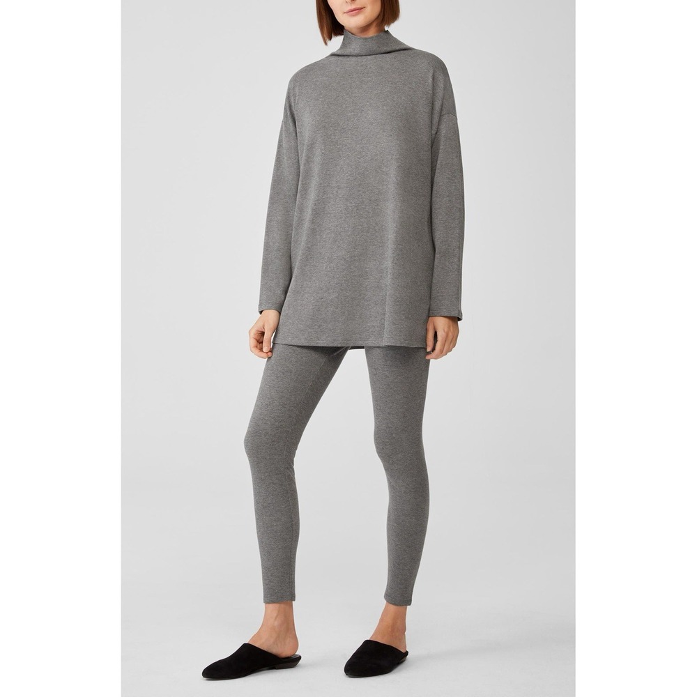 Eileen Fisher XL Gray High Funnel Neck Tunic Tencel Organic Cotton Oversized